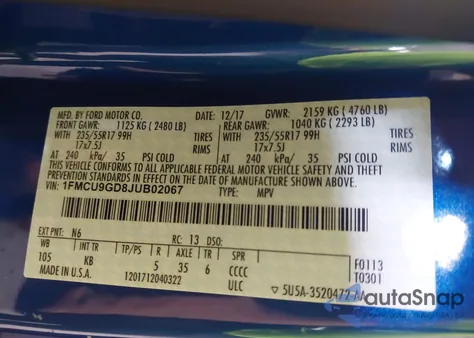 2018 Ford Escape Se from USA, damaged, VIN 1FMCU9GD8JUB02067